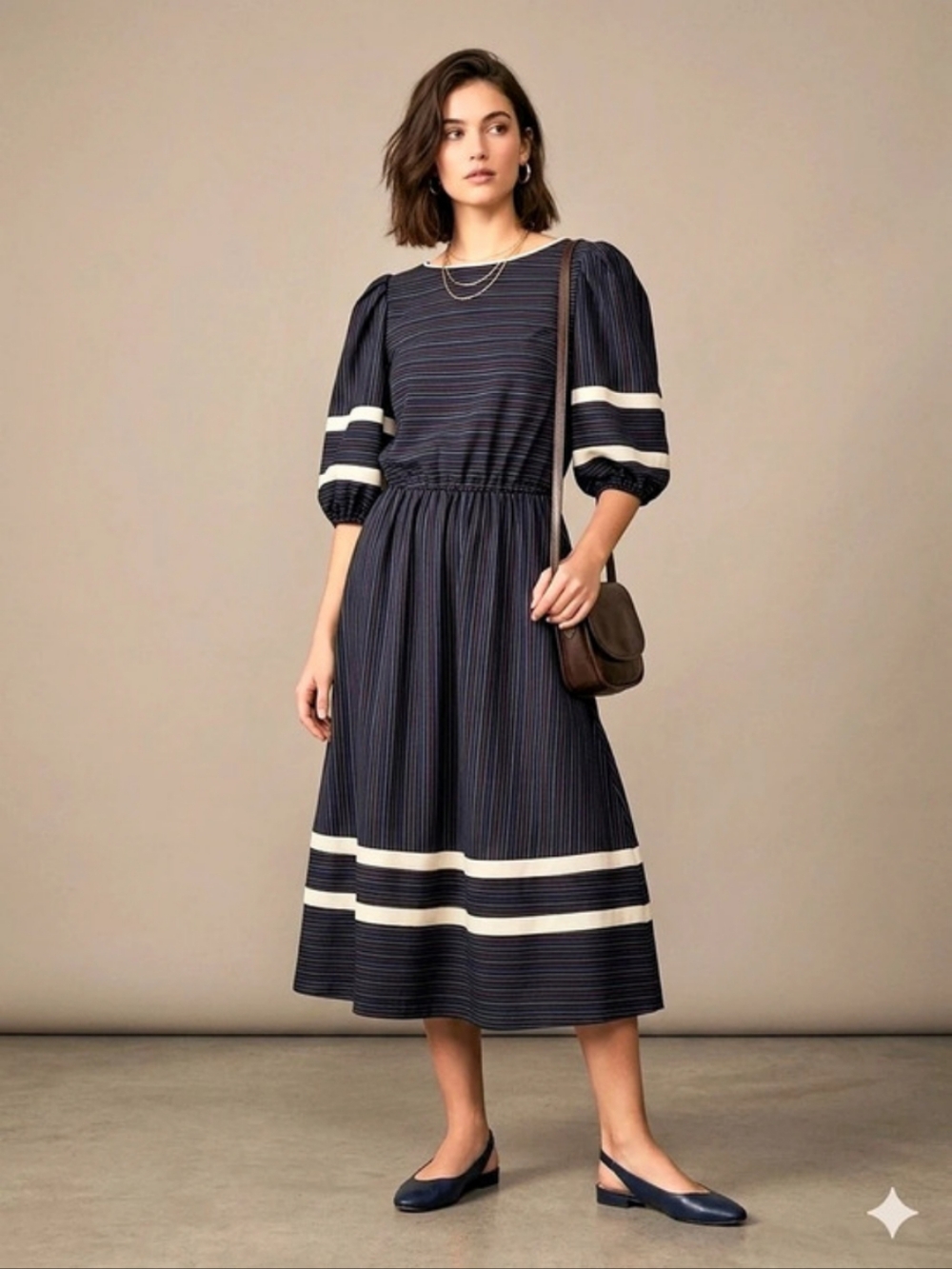 VTG 80s Just Ducky Multi Color Pinstripe Midi Dress Puff Sleeve Cream Band Sz 12